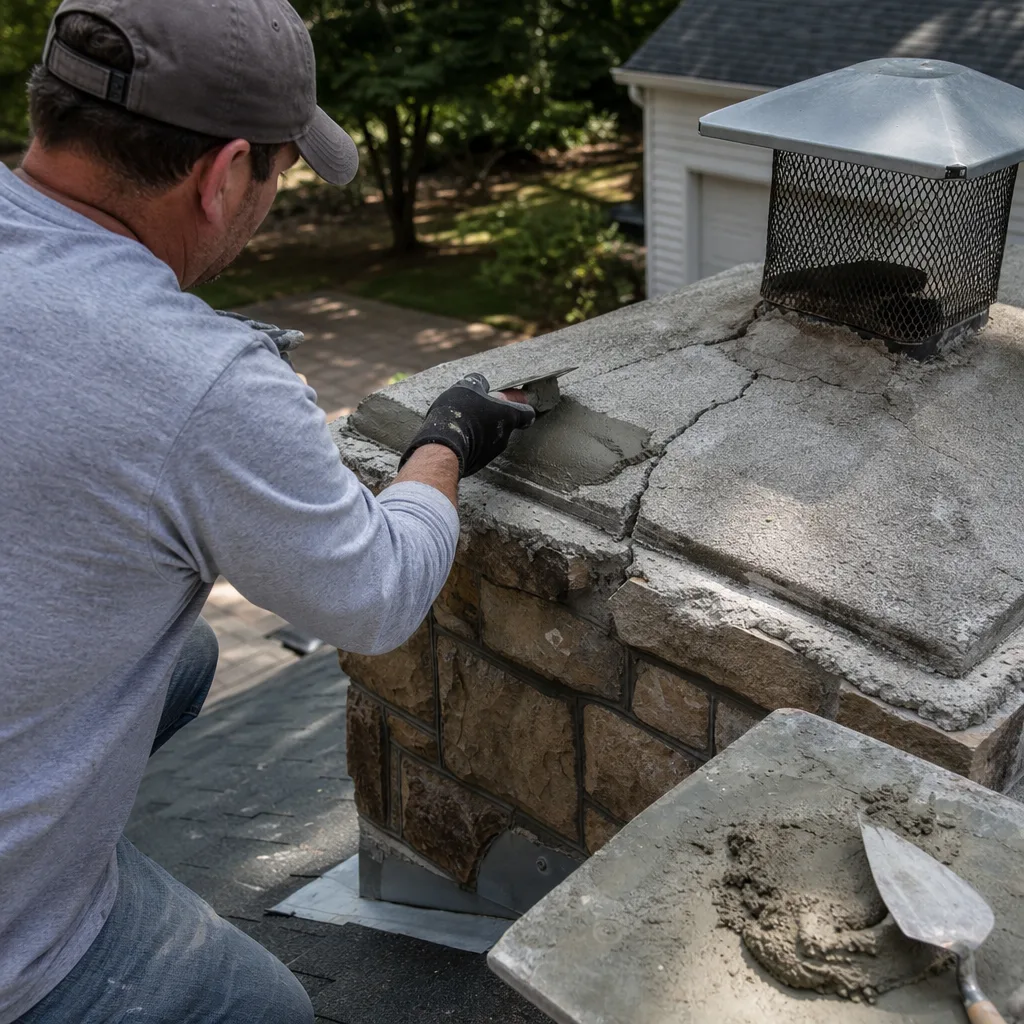 Professional mason applying mortar to repair a damaged stone chimney crown