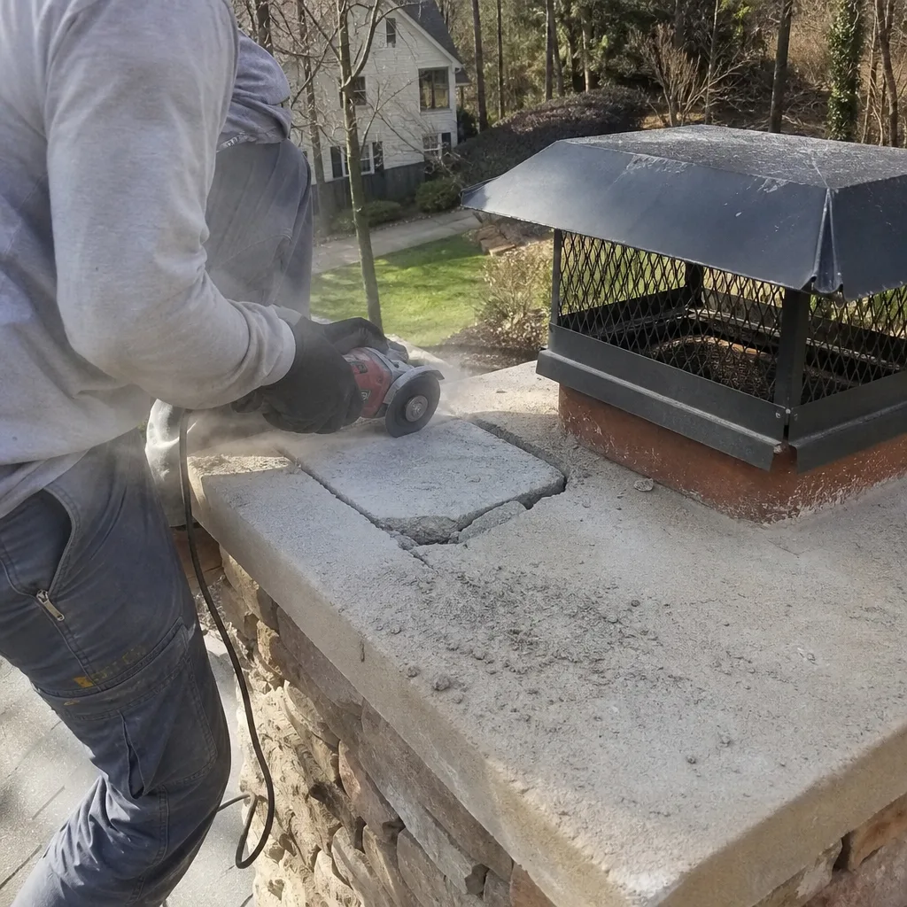 Professional performing concrete chimney cap repair with a power tool