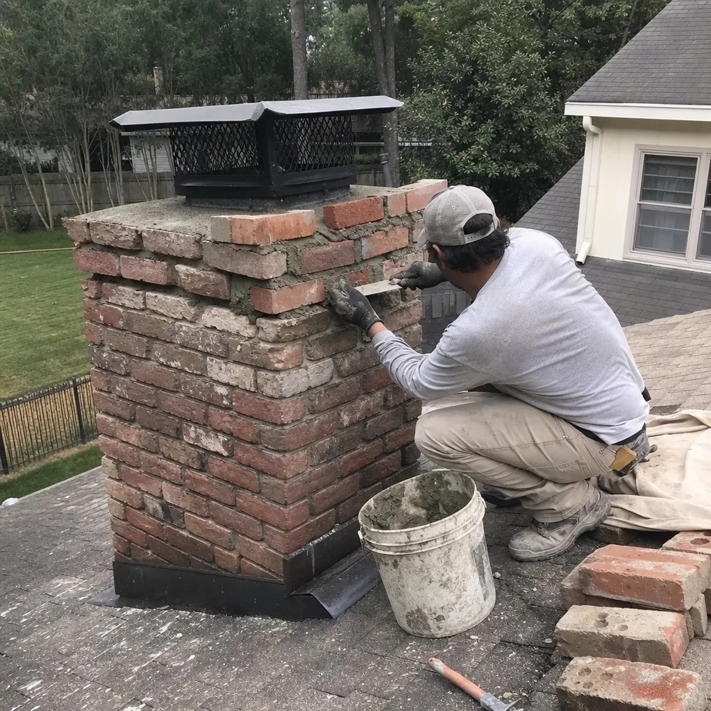Professional mason performing chimney masonry repair on a residential rooftop