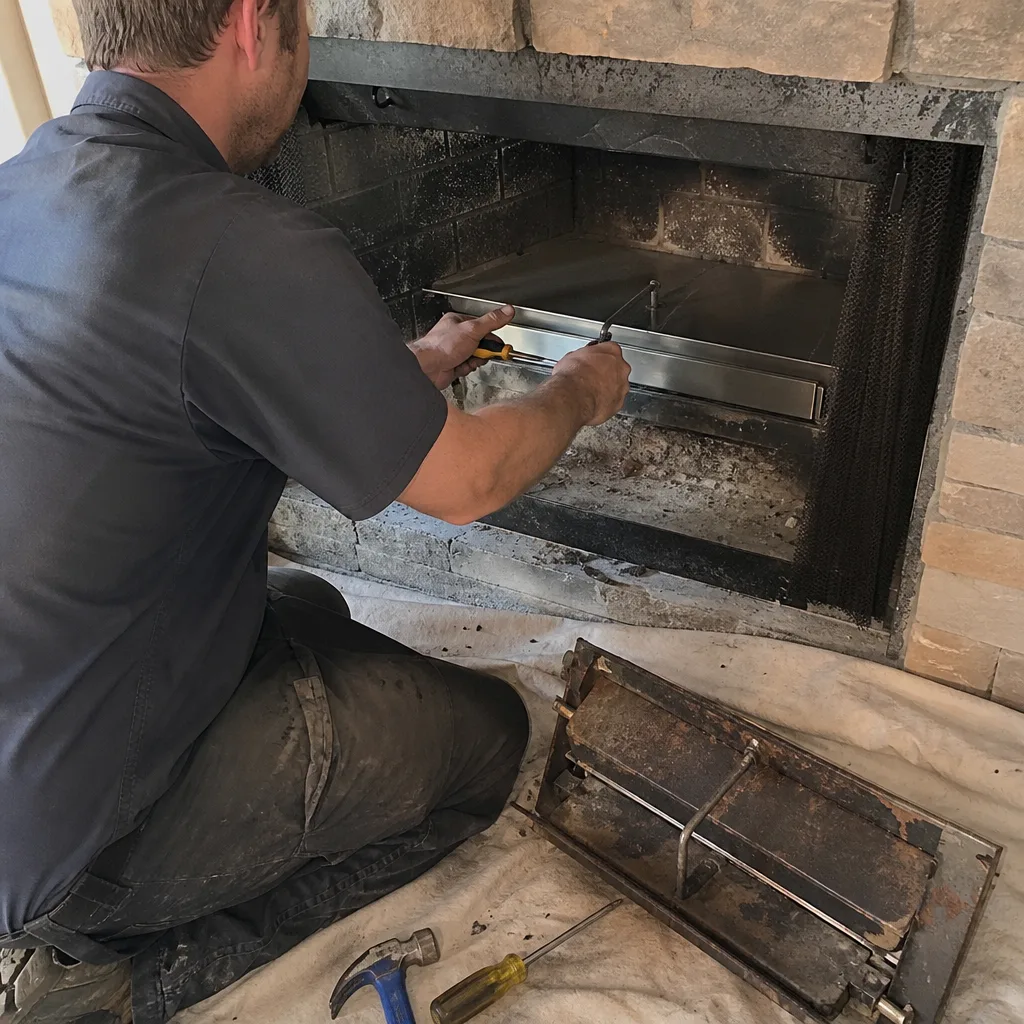 Professional technician performing fireplace maintenance and chimney services