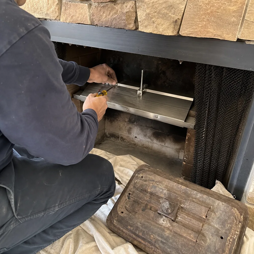 Technician installing a new stainless steel fireplace damper mechanism