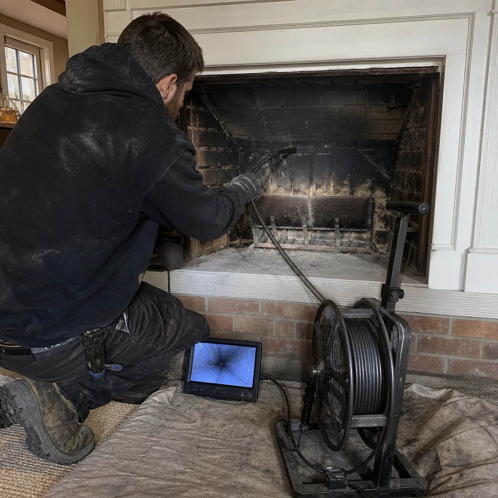 Technician using a chimney inspection camera for fireplace maintenance and cleaning